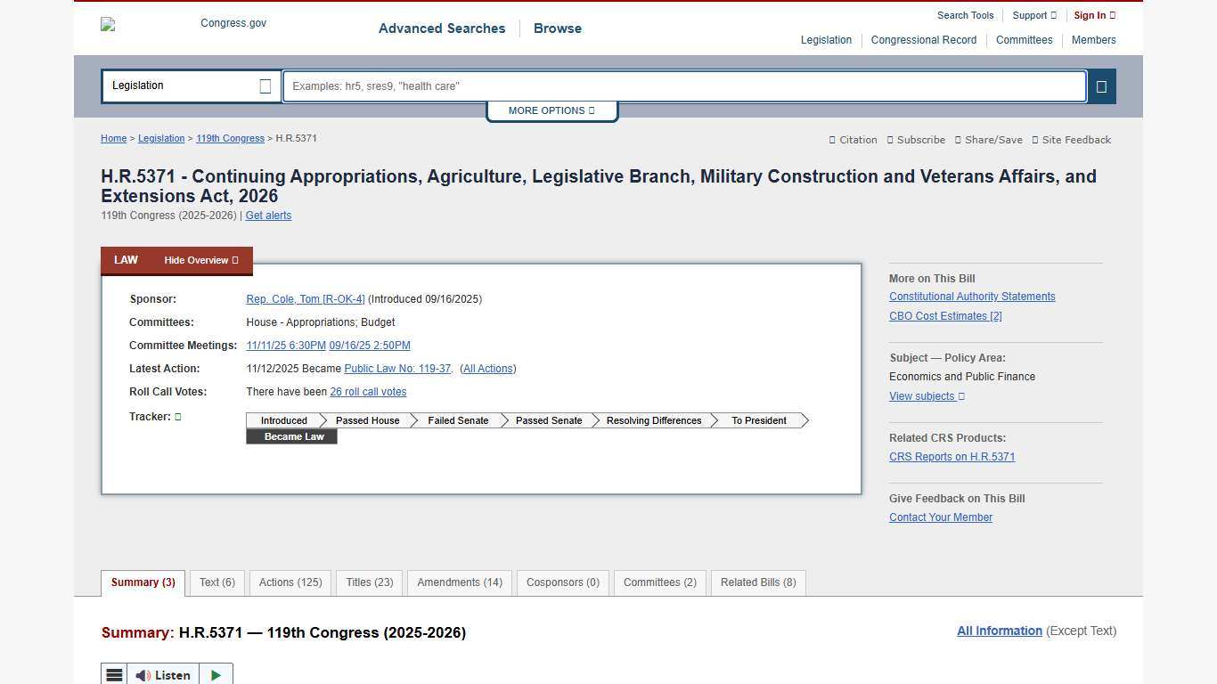H.R.5371 - 119th Congress (2025-2026): Continuing Appropriations, Agriculture, Legislative Branch, Military Construction and Veterans Affairs, and Extensions Act, 2026 Congress.gov Library of Congress